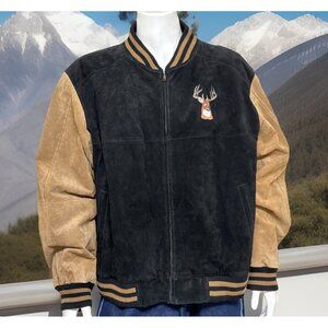 Vintage Leather Jacket Mens XXL Embroidered Varsity Pig Suede Bomber Black Tan